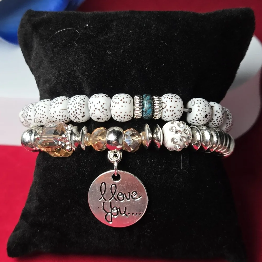 White & Silver Beaded Bracelet Set “I Love You” Charm – 2 Piece Stack Jewelry